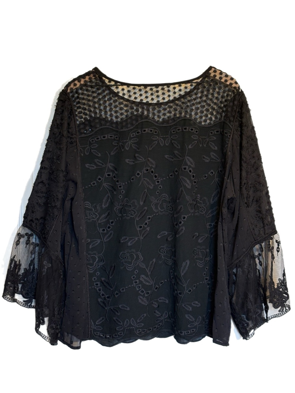 INDIGO THREAD CO. 100% Cotton Black Sheer Floral Embroidered Bohemian Blouse